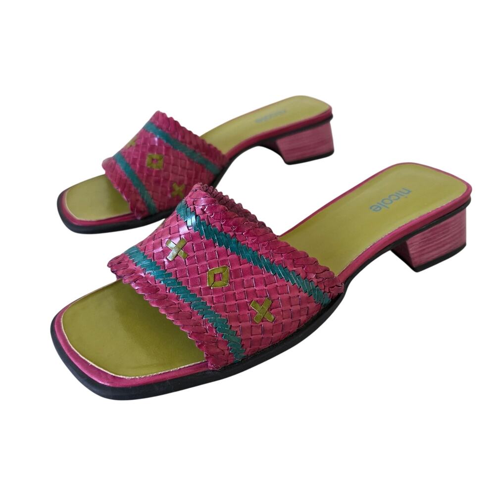Nicole Pink Teal Woven Leather Slide Sandals Womens Size 6.5M Made in Brazil